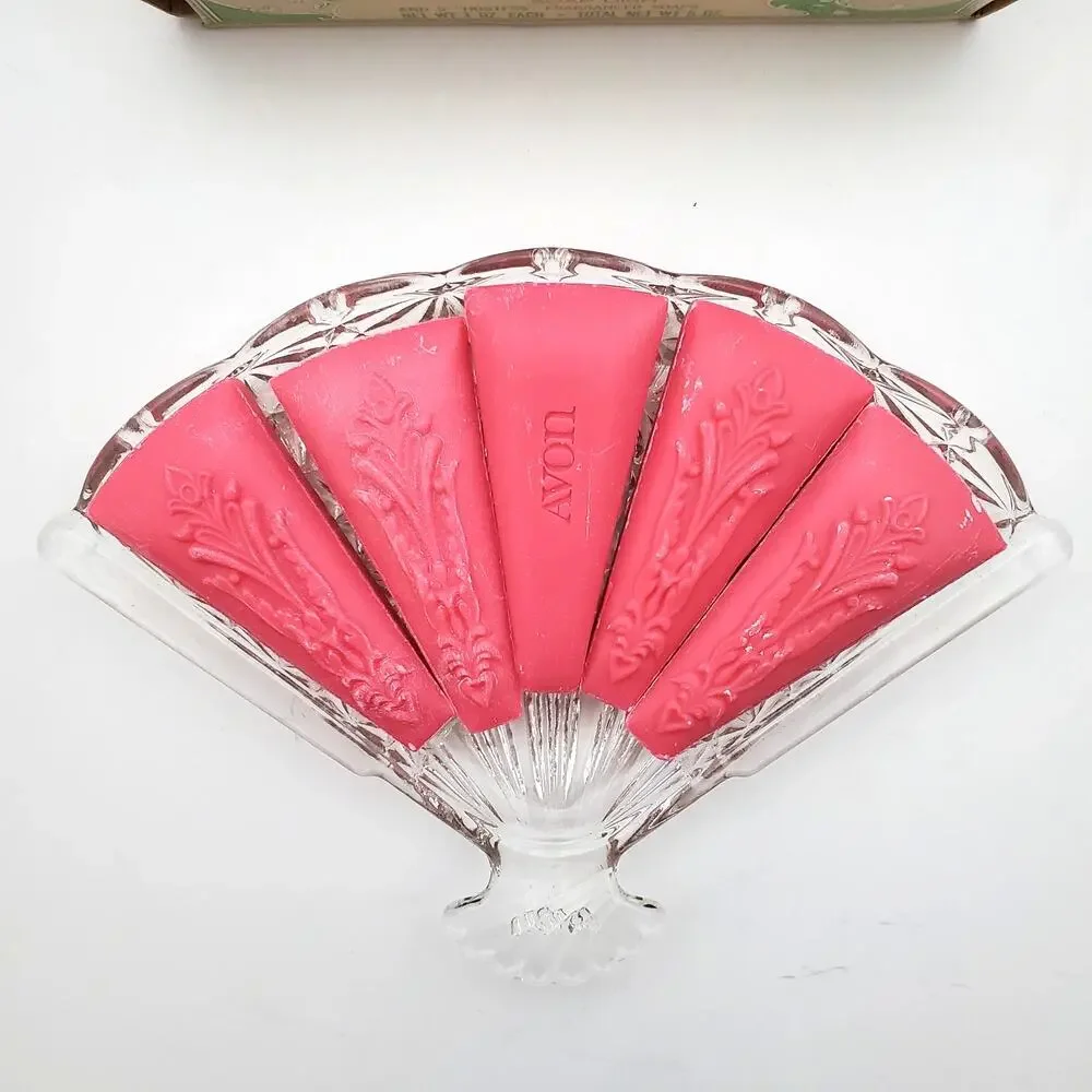Vtg Avon Hostess Fancy Soap Dish & 5 Decorative Fragranced Pink Carved Soaps